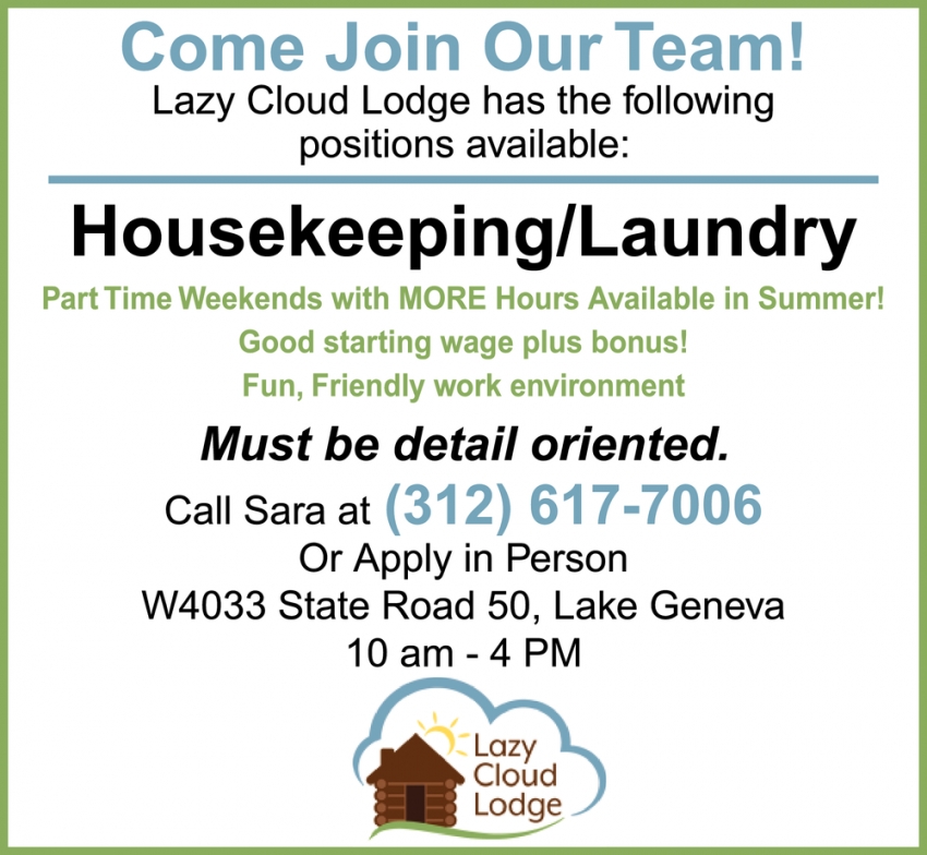 Housekeeping/Laundry, Lazy Cloud Lodge, Lake Geneva, WI